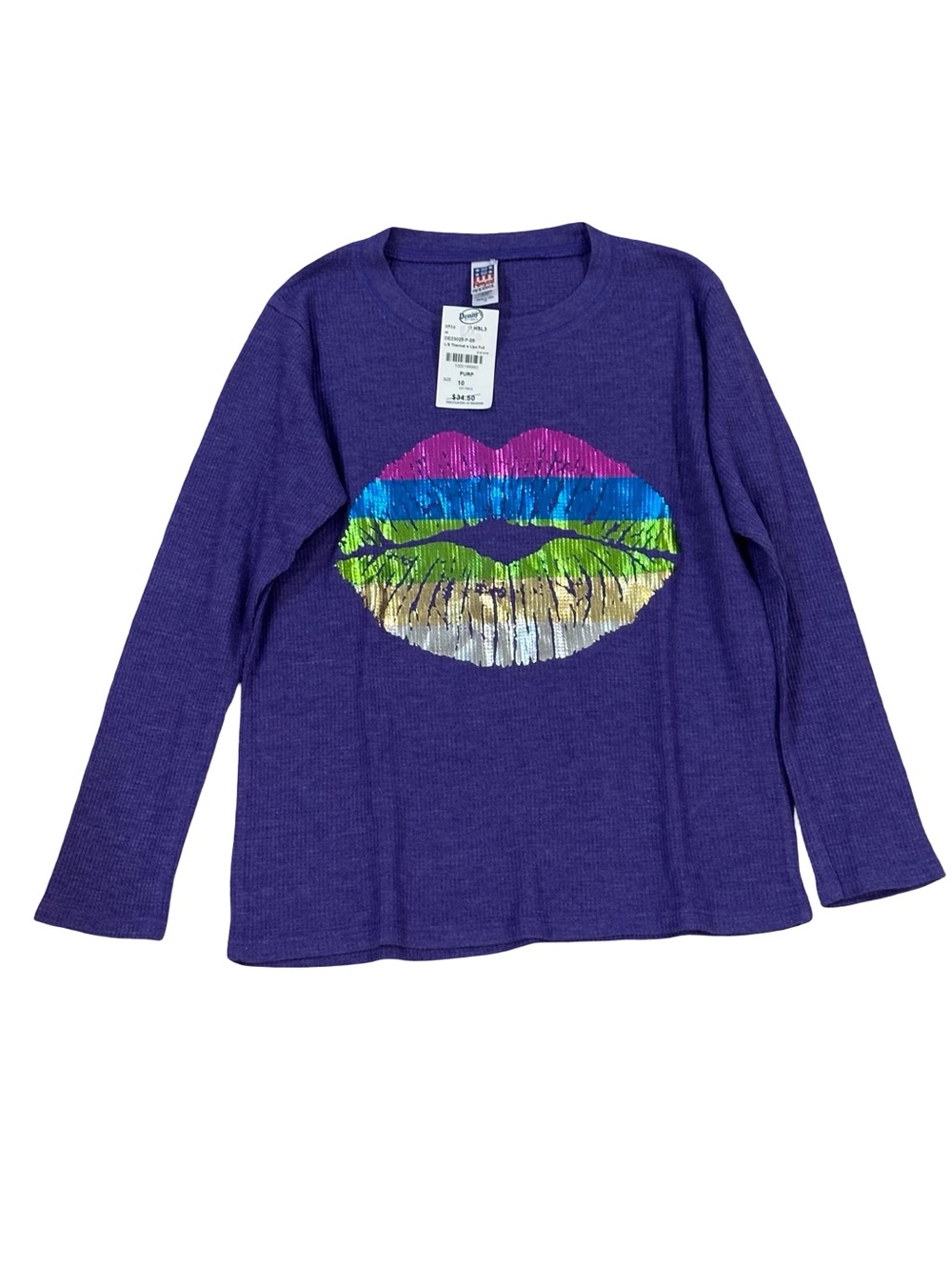 NWT Royal Apparel Size 10 Purple Metallic Foil Lips Long-Sleeve Top